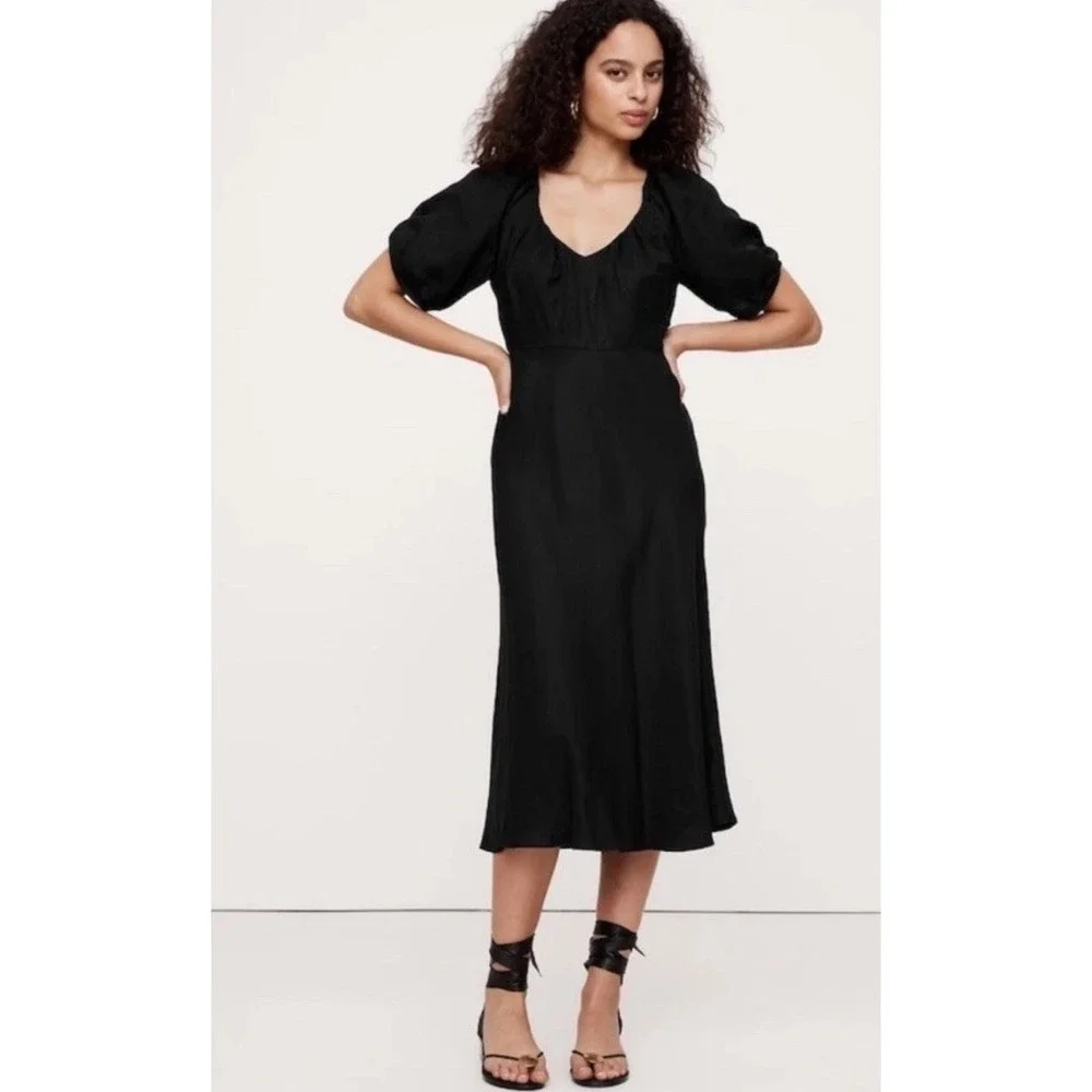 Banana Republic Viscose Linen Midi/Maxi Black Dress 12 Puff Sleeve Silky Tie - Picture 2 of 12